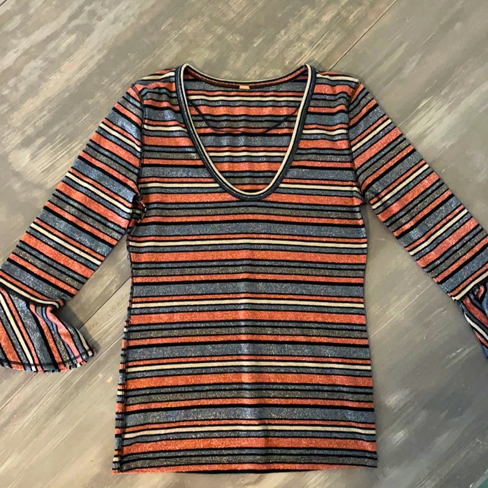 Free People Long Sleeve Sparkly Striped Shirt